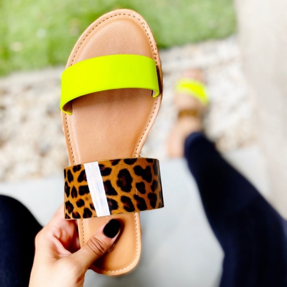 Leopard and neon double strap sandals